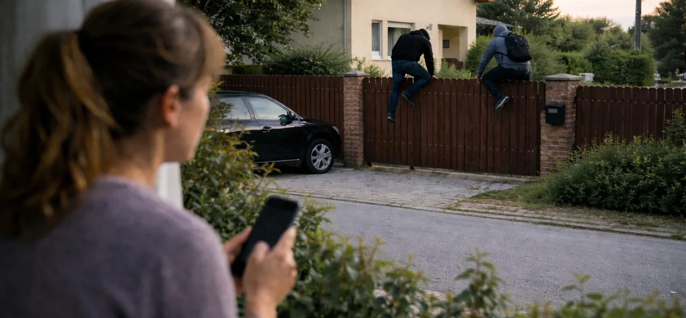 idegenek másznak át a szemben lévő ház kerítésén